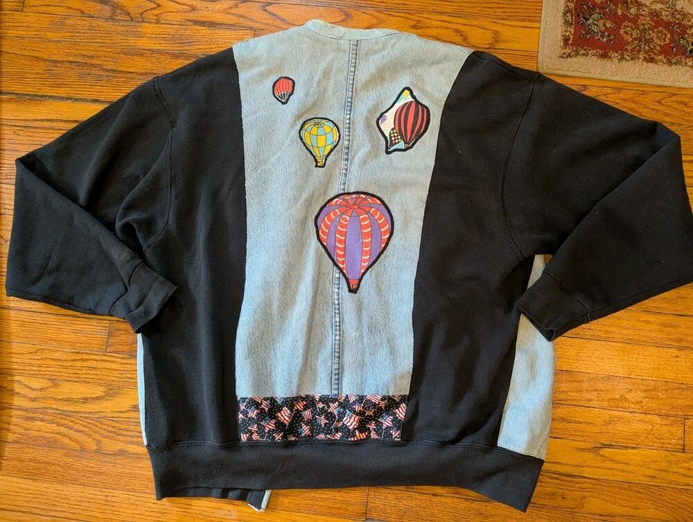 VTG USA Comorblocked Hot Air Balloon Denim Jean Jacket Men's Women's XL Reworked